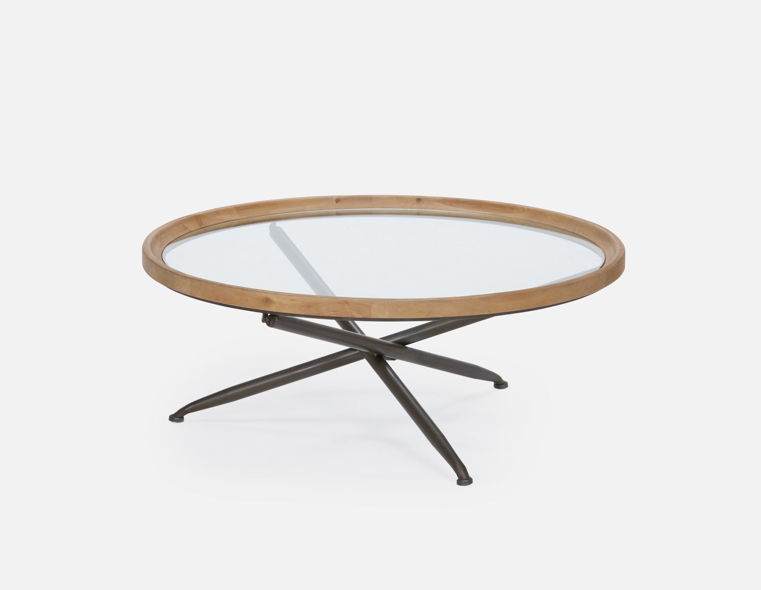 KAY - table basse avec plateau en bois de sapin et verre trempé 100 cm diam. - Naturel