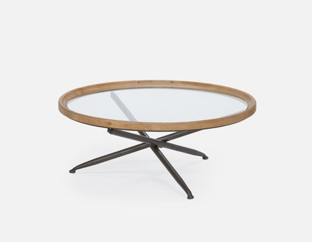 KAY - table basse avec plateau en bois de sapin et verre trempé 100 cm diam. - Naturel