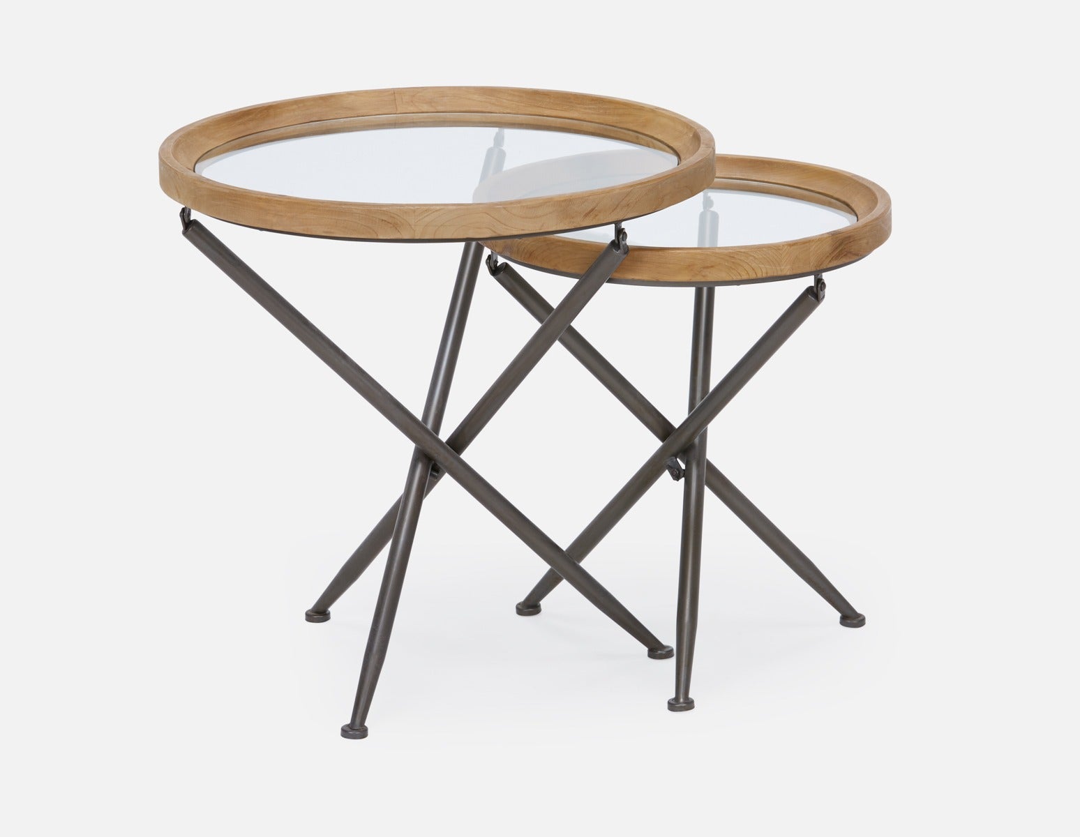 KAY - ensemble de 2 tables gigognes en bois de sapin avec plateaux en verre trempé - Naturel