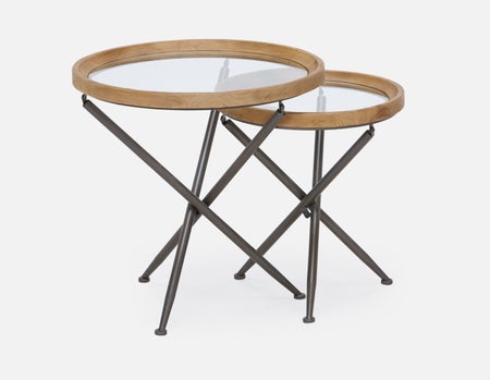 KAY - ensemble de 2 tables gigognes en bois de sapin avec plateaux en verre trempé - Naturel