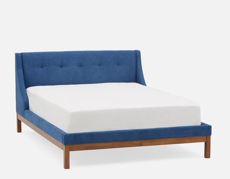 MUROL - grand lit rembourré avec tête de lit capitonnée à oreilles moderne du milieu du siècle - Bleu