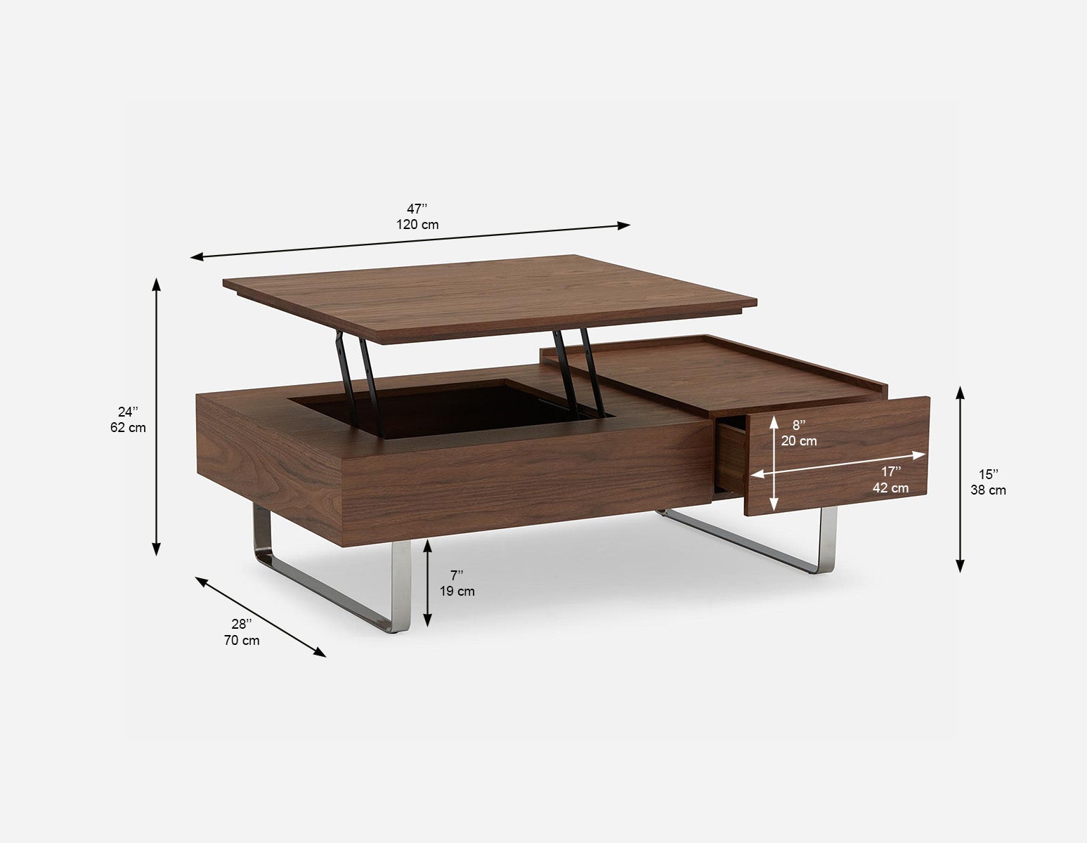 EVO table basse en placage de noyer avec rangement et plateau relevable 120 cm undefined
