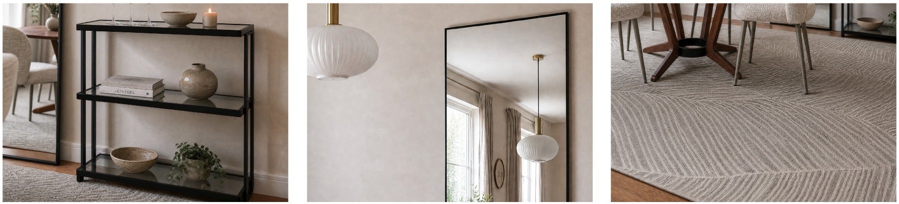 AGLAYA étagère en verre à 3 niveaux, NEWPORT miroir 70 x 190 cm, TRIANA tapis en laine et polyester 8'x10'