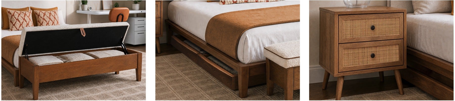 BENA banc avec rangement, BENA ensemble de 2 tiroirs de rangement pour lit avec roulettes, JETT table de chevet