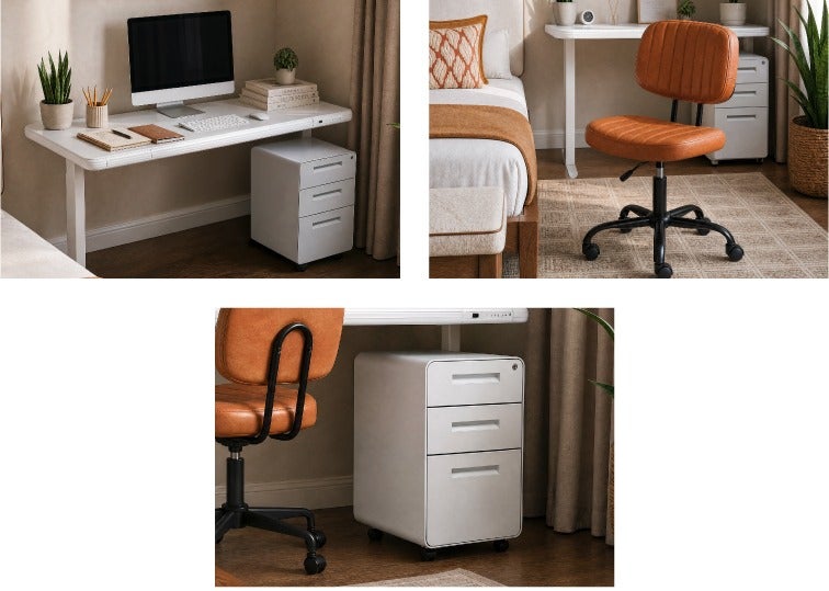 JETSON bureau électrique 120 cm, STERLING chaise de bureau, ERNESTO caisson
