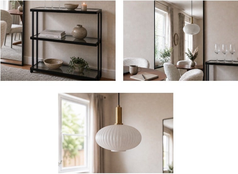 AGLAYA étagère en verre à 3 niveaux, NEWPORT miroir 70 x 190 cm, BINA suspension