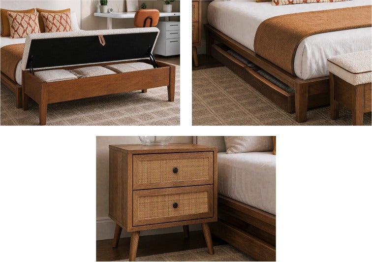 BENA banc avec rangement, BENA ensemble de 2 tiroirs de rangement pour lit avec roulettes, JETT table de chevet