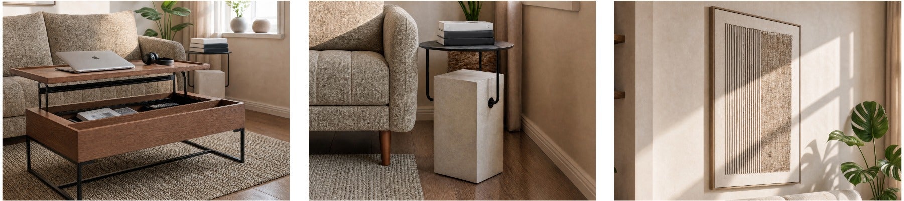 MATTEO table basse avec rangement 120 cm, GENNY table d'appoint, SHAYNE tableau encadré 83 x 123 cm