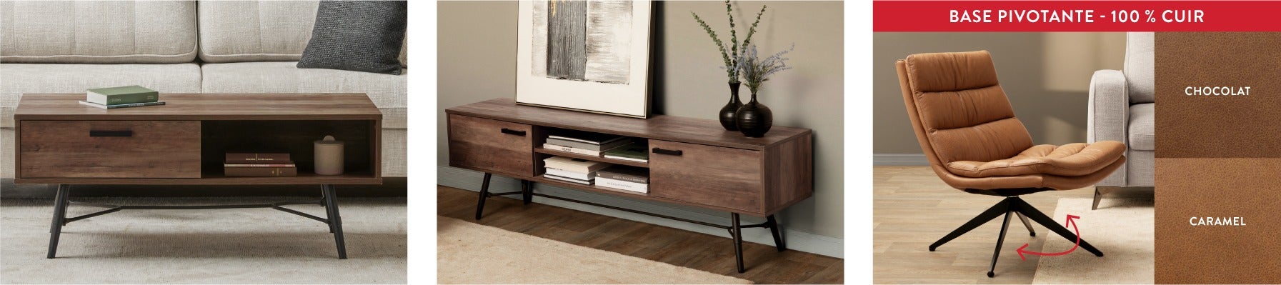 NASH table basse, meuble télé et DORADA fauteuil pivotant 100 % cuir