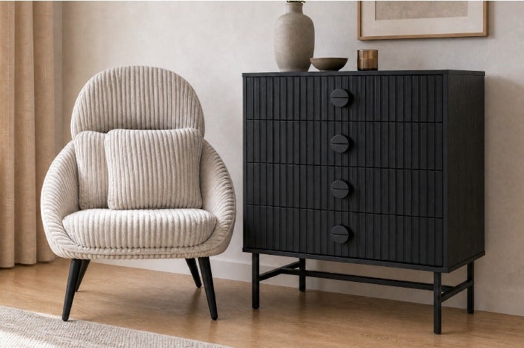 MONTANA commode à 4 tiroirs - HERMAN chaise d'appoint en velours côtelé