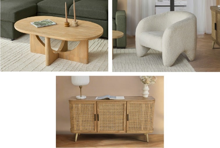 PRIYA table basse, Domingo buffet 3 porte, AMIENS fauteuil