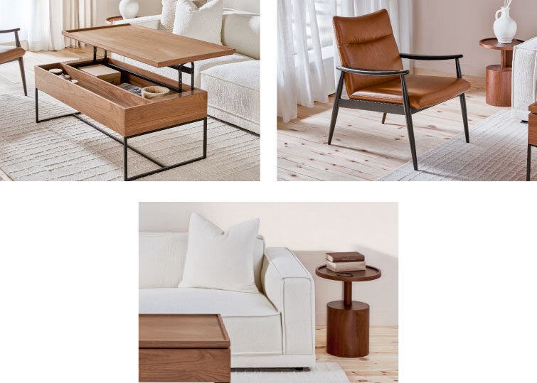 MATTEO table basse à plateau relevable 120 cm, LATONIA fauteuil d'appoint 100% cuir, MARCUS table d'appoint