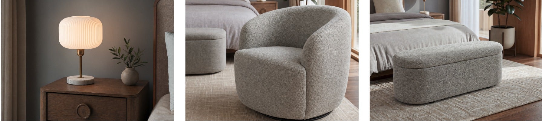 ILLIANA lampe de table, JANELLE fauteuil pivotant, FLORENCE pouf avec rangement