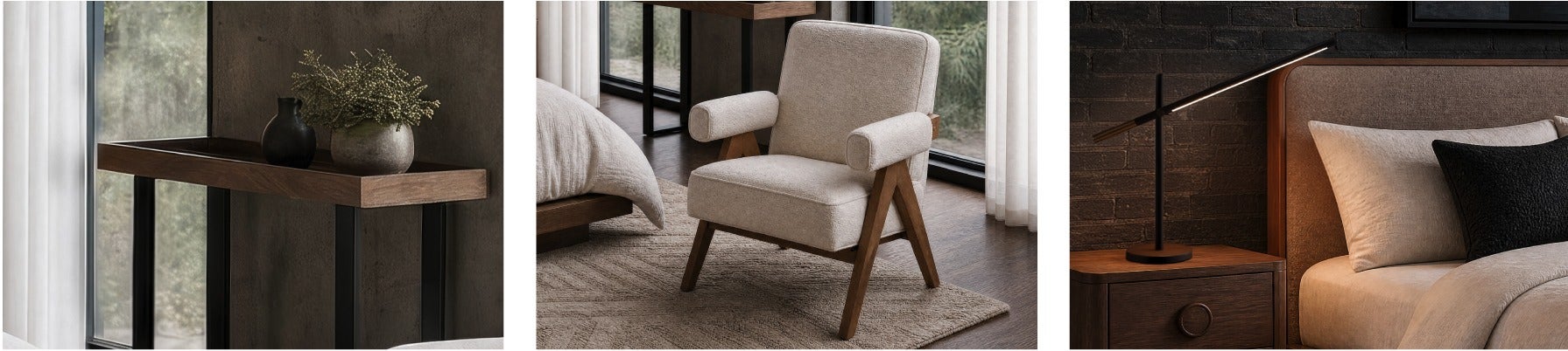 BOKARO console, HAZEL fauteuil, LUMO lampe de table del