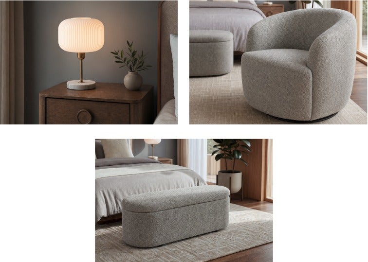ILLIANA lampe de table, JANELLE fauteuil pivotant, FLORENCE pouf avec rangement