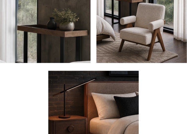 BOKARO console, HAZEL fauteuil, LUMO lampe de table del