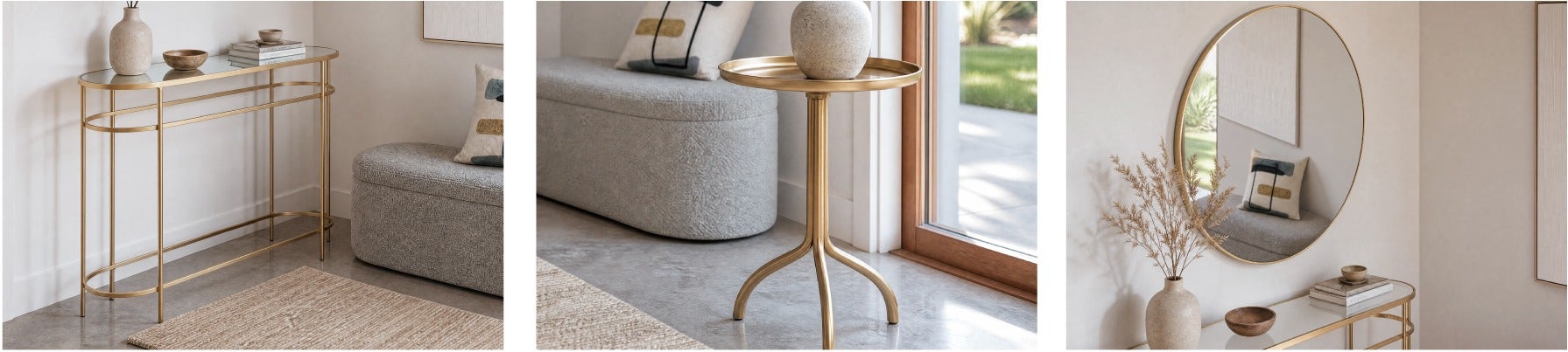 PETE console table 120 cm, ZANDER miror en acier inoxydable 60 cm x 60 cm, TRIO table d'appoint
