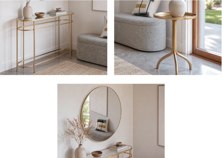 PETE console table 120 cm, ZANDER miror en acier inoxydable 60 cm x 60 cm, TRIO table d'appoint