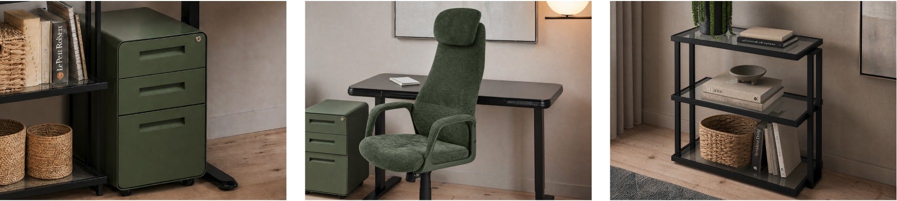 ERNESTO caisson, LAZSLO chaise de bureau ergonomique, AGLAYA étagère en verre trempé à 3 niveaux