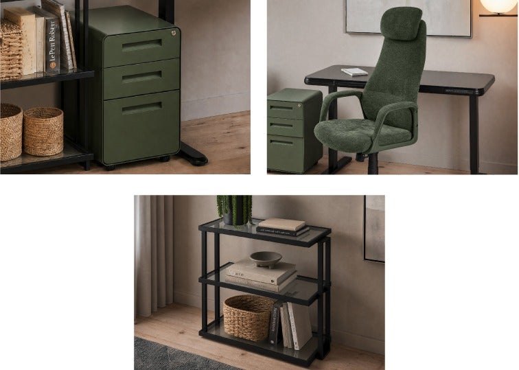 ERNESTO caisson, LAZSLO chaise de bureau ergonomique, AGLAYA étagère en verre trempé à 3 niveaux