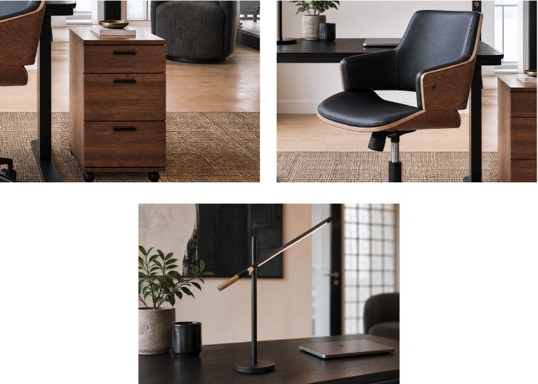 MICK caisson, GALT chaise de bureau, LUMO lampe de table del