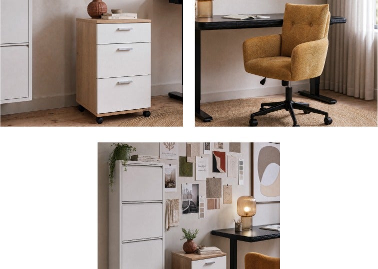 MICK caisson, DUARTE chaise de bureau, BERT cabinet 4 portes