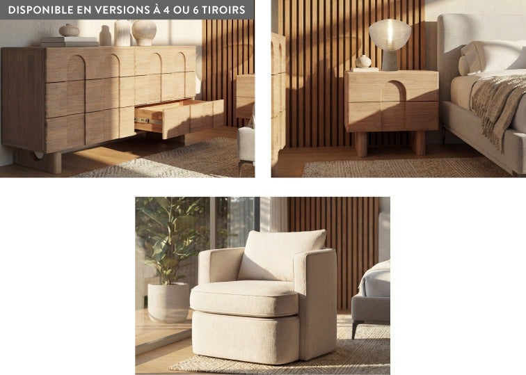 PRIYA table de chevet et commode 6 tiroirs et CONNIE fauteuil