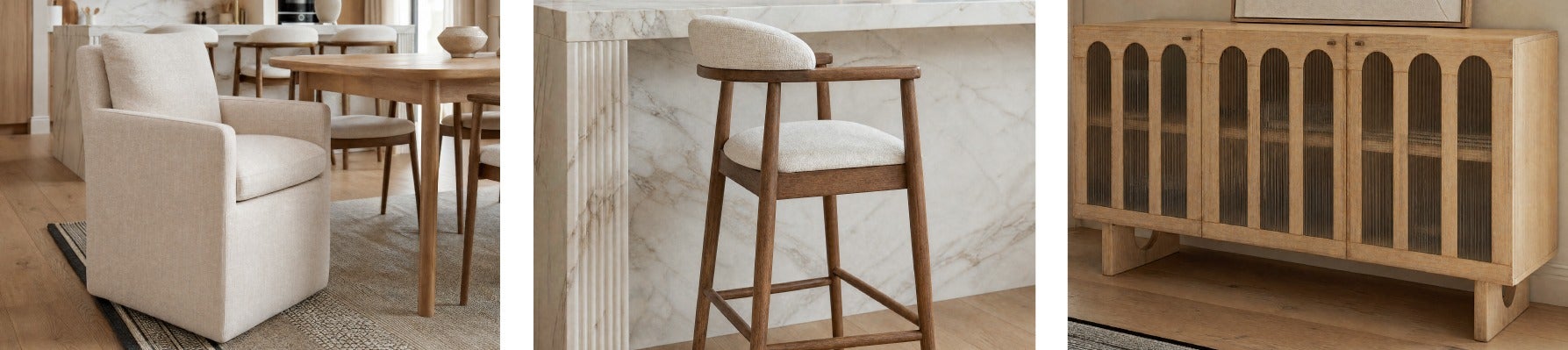 OSTIA chaise de salle à manger à roulettes, JOSY tabouret de comptoir 66 cm, PRIYA buffet à 3 portes