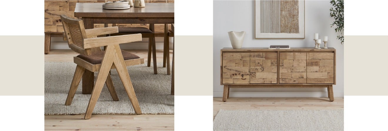 JOSS chaise de salle à manger avec accoudoirs et THESSALIA buffet en bois de manguier massif