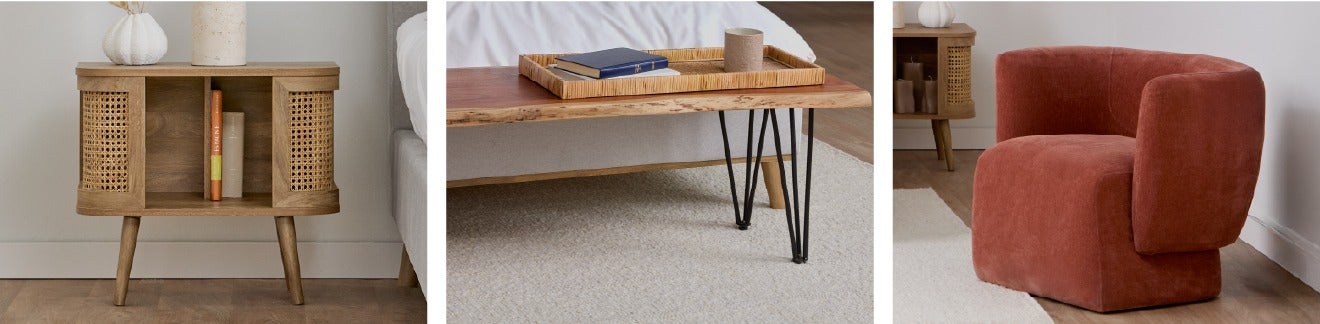 DOMINGO table d'appoint, RENO banc en bois d'acacia massif et ROANNE fauteuil