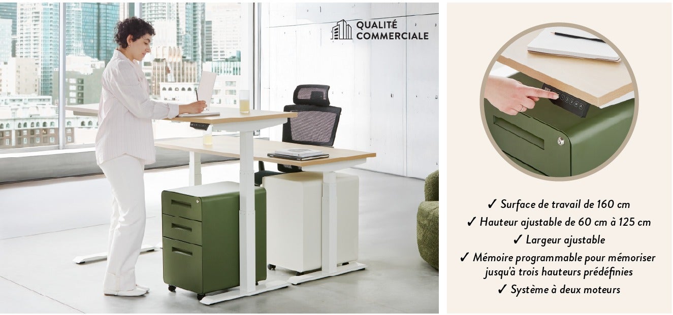 - Surface de travail de 160 cm - Hauteur ajustable de 60 cm à 125 cm - Largeur ajustable - Mémoire programmable pour mémoriser jusqu'à trois hauteurs prédéfinies - Système à deux moteurs