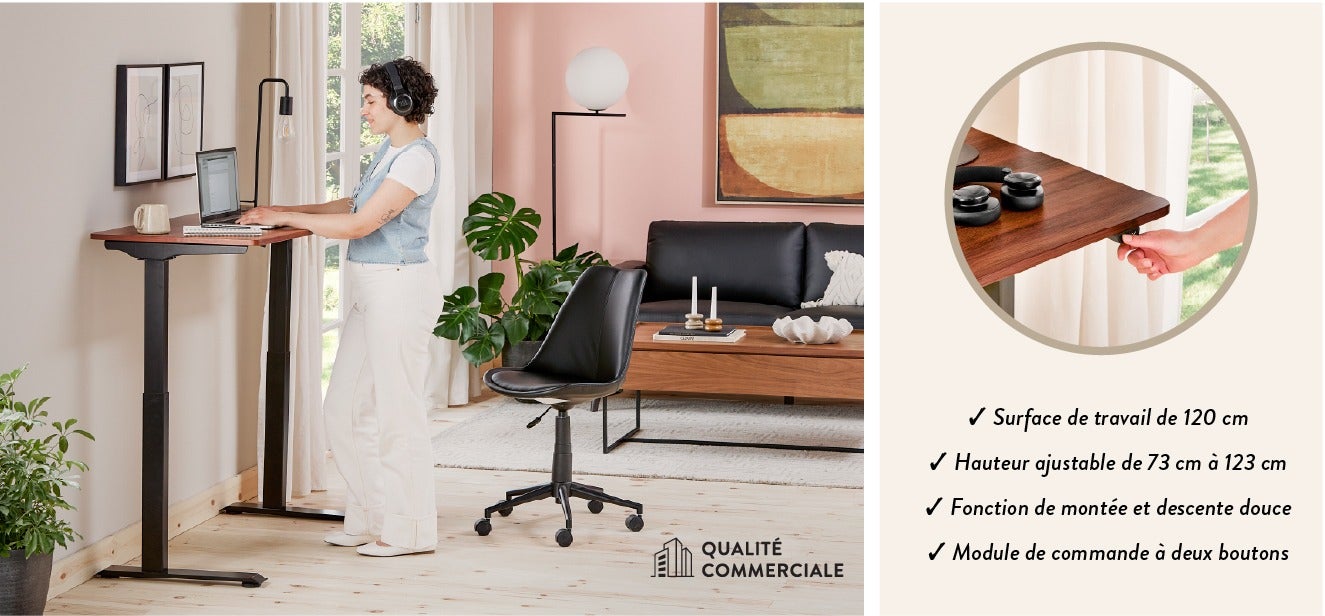 - Surface de travail de 120 cm - Hauteur ajustable de 73 cm à 123 cm - Fonction de montée et descente douce - Module de commande à deux boutons