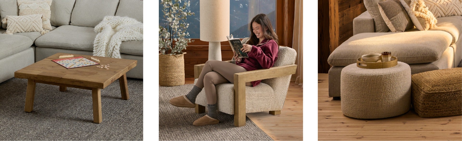 THESSALIA table basse en bois de manguier massif 90 cm, ALCOBA fauteuil, VASTO pouf
